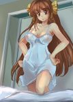  1girl :o bare_shoulders bed bow brown_eyes brown_hair curvy hair_bow hair_ribbon hand_on_hip hands_on_hips hips lace lingerie long_hair original ribbon solo suoni_(deeperocean) underwear wide_hips 