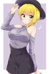  1girl asymmetrical_hair blonde_hair blush breasts buttons commentary_request green_eyes hat idolmaster idolmaster_cinderella_girls large_breasts long_sleeves mio_(mgr300) miyamoto_frederica musical_note quaver shirt sidelocks skirt solo striped striped_shirt 