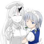  2girls akai_ronii blood blue_eyes braid female hong_meiling hug izayoi_sakuya knife multiple_girls one_eye_closed partially_colored ribbon smile the_embodiment_of_scarlet_devil touhou twin_braids wink yandere 