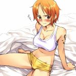  1girl arm_support barefoot bed bed_sheet blush boyshorts breasts brown_eyes cleavage erect_nipples female frown kneeling large_breasts midriff mosha nami_(one_piece) one_piece orange_hair short_hair short_shorts shorts solo tank_top tattoo tears 