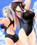  2girls :d ahoge arched_back armpits arms_up ass back back-to-back bangs bare_back black_hair breasts brown_eyes clouds competition_swimsuit facial_mark forehead_mark from_behind grin hair_between_eyes hand_behind_head head_tilt highres kawagishi_keitarou kawakami_momoyo kimi_ga_aruji_de_shitsuji_ga_ore_de kuki_ageha large_breasts long_hair looking_at_viewer looking_back maji_de_watashi_ni_koi_shinasai! multiple_girls naughty_face official_art one-piece_swimsuit open_mouth orange_eyes outdoors ponytail red_eyes scar sidelocks silver_hair sky smile standing swimsuit thigh_gap thighs towel very_long_hair wagi 