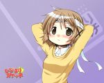  1girl adjusting_hair aoki_ume blush brown_eyes brown_hair headband hidamari_sketch official_art short_hair wallpaper yuno 