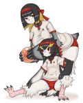  2girls :&lt; ball bird black_hair buruma furry gym_uniform headband jon_henry_nam leaning_forward milf monster_girl multiple_girls penguin red_eyes smile stretch 