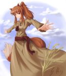  brown_hair dress fortal holo long_hair ponytail ponytails red_eyes spice_and_wolf tail wheat wolf_ears 