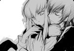  cc closed_eyes code_geass creayus grayscale greyscale hold holding hug hug_from_behind lelouch_lamperouge monochrome 