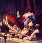  bat_wings bed blue_hair candelabra candle cup feet fingernails hat kichiroku legs_in_air legs_up long_fingernails nail_polish on_stomach red_eyes remilia_scarlet short_hair solo touhou vampire wine_glass wings 