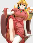  1girl blonde_hair blue_eyes dress earrings elbow_gloves feet gloves greek_toe holding holding_shoes jewelry super_mario_bros. masao mushroom princess_peach shoes_removed sitting solo super_mario_bros. 