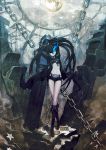 belt black_hair black_rock_shooter black_rock_shooter_(character) blue_eyes boots bra chain chains coat glowing glowing_eyes gun huke lingerie long_hair midriff moon navel open_clothes open_coat scar shorts sky star stitches twintails underwear very_long_hair weapon 