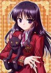  black_cat black_hair cat fortune_arterial highres kuze_kiriha long_hair purple_eyes school_uniform 