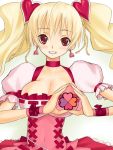  blonde_hair braid breasts cleavage cure_peach dress fresh_precure! fresh_pretty_cure! futari_wa_pretty_cure heart heart_hands long_hair magical_girl momozono_love morozou pink_eyes precure smile solo twintails 