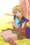  belt blonde_hair boots cape circlet deedlit elf g-tetsu glow glowing grass green_eyes highres magic pointy_ears record_of_lodoss_war sitting smile solo tree undine 