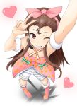  brown_eyes brown_hair cute_&amp;_girly_(idolmaster) from_above hairband headset heart idolmaster long_hair minase_iori ribbon shachi_kamaboko solo wink 