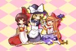  braid hakurei_reimu ibuki_suika kirisame_marisa lowres miya_(artist) miya_(tsumazukanai) ribbon socks tea touhou 