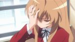  angry animated animated_gif brown_eyes brown_hair cap clenched_hand facepalm fist frown gif glare long_hair lowres school_uniform screencap toradora! 