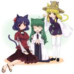  blonde_hair blush cat_ears cat_tail fang green_hair hat kochiya_sanae kt2 moriya_suwako purple_hair red_eyes sweat tail thigh-highs thighhighs tongue touhou yasaka_kanako yellow_eyes zettai_ryouiki 