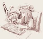  blunt_bangs book bow capelet crescent eye_contact flandre_scarlet hair_bow hat lan._(pixiv) long_hair monochrome open_book patchouli_knowledge pointing purple ribbon short_hair tears touhou wings 