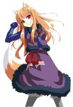  blush brown_hair dress grune grune_(artist) highres holo long_hair red_eyes simple_background skirt spice_and_wolf tail wolf_ears 