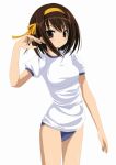  brown_hair buruma gym_uniform hairband kiriya_haruhito suzumiya_haruhi suzumiya_haruhi_no_yuuutsu 