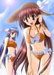 blue_hair brown_eyes hat leaning_forward lisianthus long_hair naoki_(endofcentury102) nerine pointy_ears red_eyes red_hair redhead shuffle shuffle! straw_hat swimsuit 