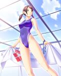  brown_hair competition_swimsuit erect_nipples goggles highleg highleg_swimsuit kuri_(kurigohan) legs navel one-piece_swimsuit shiny shiny_clothes short_hair short_twintails skin_tight smile swimsuit towel twintails window yellow_eyes 