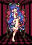 barefoot blue_hair chair checkered checkered_floor chin_rest crossed_legs enone feet food fruit hat hinanawi_tenshi long_hair peach red_eyes sitting skirt touhou
