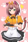  1boy animal_ears baka_to_test_to_shoukanjuu baka_to_tesuto_to_syokanju bell blush bowtie breast_squeeze breasts brown_hair cat_bell cat_ears crossdressing crossdressinging glass green_eyes jingle_bell kinoshita_hideyoshi large_breasts male nectar-ii nectar_(fujiya) pantyhose paw_print ribbon simple_background solo straw tail tail_bell trap waitress 