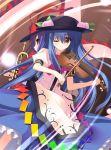 blue_hair bow_(instrument) food frills fruit hat hinanawi_tenshi instrument leaf long_skirt nagae_iku peach purple_hair red_eyes shawl skirt touhou trumpet violin wink