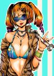  :p \m/ bikini_top bracelet breasts cleavage drill_hair eyepatch full-length_zipper hair_ornament hairclip jewelry jumpsuit large_breasts multicolored_hair nail_polish necklace open_clothes original pins sleeves_rolled_up striped sunglasses tongue twintails unzipped wrench yuura zipper 
