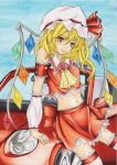  car conductance flandre_scarlet hat midriff motor_vehicle navel red_eyes thighhighs touhou traditional_media vehicle 