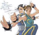  bracelet brown_eyes brown_hair bun_cover china_dress chinadress chinese_clothes chun-li double_bun dual_persona face fighting_stance jewelry pantyhose short_hair spiked_bracelet spikes street_fighter tranjistor 