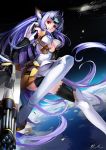  1girl alphonse_(white_datura) android armor bare_shoulders black_gloves blue_hair breasts earth elbow_gloves floating_hair gatling_gun gloves gun kos-mos kos-mos_ver._4 long_hair machine_gun planet purple_hair red_eyes solo space thigh-highs under_boob very_long_hair weapon xenosaga xenosaga_episode_iii 