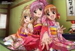  3girls :d absurdres hand_holding highres hinamori_amu japanese_clothes kimono mashiro_rima megami multiple_girls official_art open_mouth sai_fumihide scan shugo_chara! smile tabi yuiki_yaya 