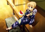  1girl absurdres ahoge blonde_hair fan fate/stay_night fate_(series) food fruit green_eyes highres huge_filesize ishino_satoshi japanese_clothes kimono lossy-lossless paper_fan saber sandals scan sitting solo type-moon uchiwa watermelon yukata 