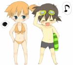  1boy 1girl barefoot bikini blue_eyes blush brown_hair chibi closed_eyes feet goggles innertube kasumi_(pokemon) lowres md5_mismatch oomuro oomuro_(omuraisu) open_mouth orange_hair pokemon pokemon_(anime) ponytail satoshi_(pokemon) short_hair simple_background smile squiggle swimsuit white_background 