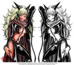  1girl animal_ears blonde_hair breasts cape female hair_over_eyes horns impel_down large_breasts long_hair mirror_image multiple_persona one_piece popped_collar sadi-chan under_boob whip 