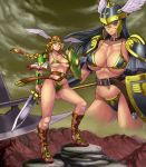  2girls ankle_lace-up armor axe bad_id belt bikini bikini_armor black_hair black_valkyrie blonde_hair boots braid breasts cross-laced_footwear green_eyes head_wings helmet ibanen large_breasts long_hair multiple_girls polearm shield single_braid swimsuit sword valkyrie_(vnd) valkyrie_no_densetsu vambraces weapon winged_helmet wings 