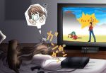  1girl angry bed breasts brown_hair cat console game_console large_breasts long_hair lowres medium_breasts otter pillow playing_games sideboob solo tears television topless video_game 