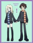  1boy 1girl blonde_hair blue_eyes brown_hair engrish glasses green_eyes hand_holding harry_james_potter harry_potter inma long_hair luna_lovegood ranguage scarf school_uniform short_hair thigh-highs 