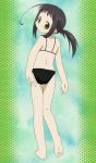  00s 1girl adjusting_clothes adjusting_swimsuit back barefoot bikini binzume_yousei black_hair bottle_fairy green_eyes highres hororo screencap solo stitched swimsuit 