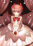  1girl absurdres blush bow box brown_eyes brown_hair center_frills dress gift gift_box hair_bow highres holding holding_gift short_hair solo ueda_ryou 