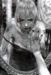  1girl blood breasts bruise cleavage dress female highres hiroaki_samura hitodenashi_no_koi injury mirror monochrome nail_polish original reflection samura_hiroaki short_hair solo tattoo 