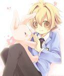  1boy androgynous black_necktie blonde_hair blush emblem haninozuka_mitsukuni long_sleeves looking_at_viewer male_focus necktie ouran_high_school_host_club pants school_uniform simple_background smile solo stuffed_animal stuffed_bunny stuffed_toy tareme violet_eyes white_background yellow_eyes 