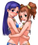  2girls arms_around_waist bad_id bell bikini blue_eyes blue_hair breast_press breasts brown_hair flat_chest green_eyes hug idolmaster jingle_bell kisaragi_chihaya long_hair midriff multiple_girls namine0079 small_breasts swimsuit symmetrical_docking takatsuki_yayoi twintails 