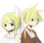  1boy 1girl akisame_kou bad_id blonde_hair brother_and_sister hair_ornament hairclip headphones kagamine_len kagamine_rin ribbon siblings twins vocaloid 