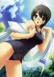  absurdres black_hair gennosuke_(artist) glasses grey_eyes highres one-piece_swimsuit school_swimsuit short_hair sky swimsuit towel wet yorihime_nao yosuga_no_sora 