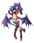  1girl bare_shoulders blush boots breasts cleavage demon_girl demon_tail demon_wings earrings elbow_gloves gloves high_heels horns jewelry kenkou_cross large_breasts long_hair looking_at_viewer mamono_girl_lover midriff monster_girl monster_girl_encyclopedia navel pointy_ears purple_hair red_eyes shoes simple_background smile solo succubus succubus_(mamono_girl_lover) succubus_(monster_girl_encyclopedia) tail tattoo thigh-highs white_background wings 
