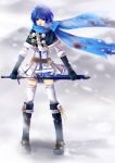  1girl blood bloody_clothes cape earmuffs fantasy female full_body genderswap gloves highres kaiko kaito nao_takase outdoors scarf sheath snow solo sword thigh-highs unsheathing vocaloid weapon zettai_ryouiki 