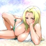  1girl arm_support bikini bindi blonde_hair breasts brown_eyes cleavage clouds huge_breasts long_hair lying naruto panties side-tie_panties sky solo sunlight swimsuit tsunade ueyama_michirou underwear 