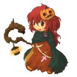  1girl alternate_costume chibi cross female food_themed_hair_ornament hair_ornament halloween jack-o&#039;-lantern long_hair okazaki_yumemi phantasmagoria_of_dim._dream pumpkin pumpkin_hair_ornament red_eyes redhead simple_background solo staff suiyou_taruta touhou touhou_(pc-98) white_background 