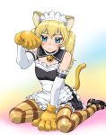  1boy animal_ears bell blonde_hair blue_eyes blush brocken_blood cat_ears cat_tail elbow_gloves gloves maid male_focus neuschwanstein_sakurako paw_pose paws shurutsu_ken&#039;ichi solo striped striped_legwear tail thigh-highs trap twintails ueyama_michirou 